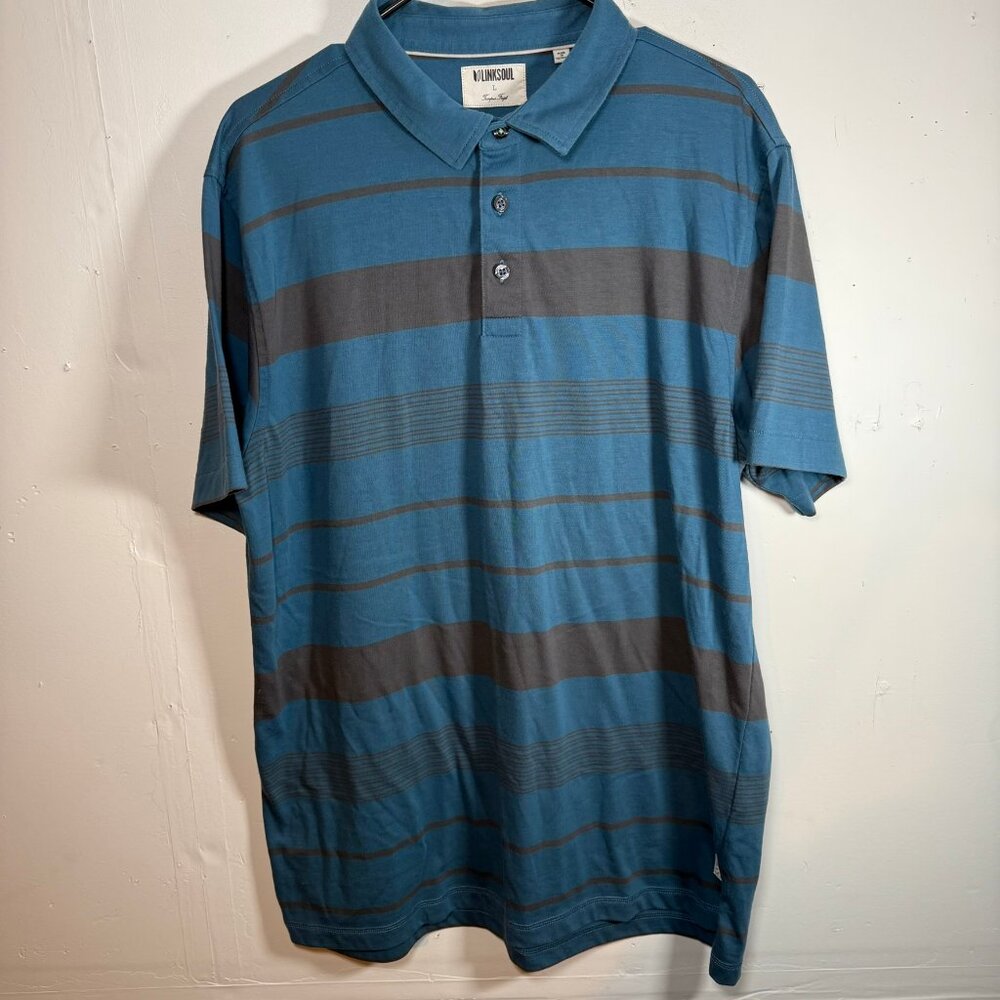 MENS LARGE LINKSOUL POLO SHORT SLEEVE SHIRT PREPPY GOLF LUXURY BLUE GRAY STRIPE
